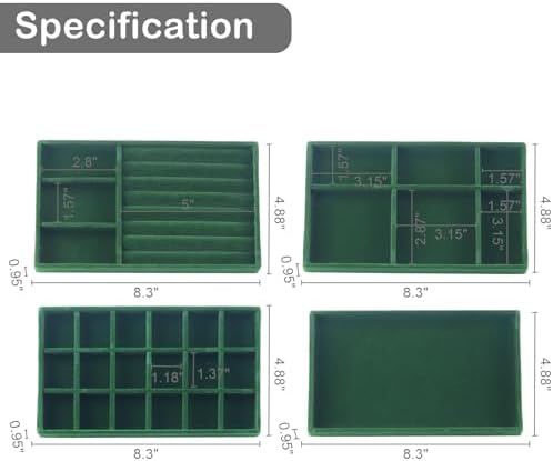 Jewelry Trays for Drawers, Set of 8 Stackable Velvet Jewelry Tray Inserts for Rings, Earrings, Necklaces, Bracelets – Fits Most Dresser/Closet Drawers, Non‑Slip Lined, Green - Image 3