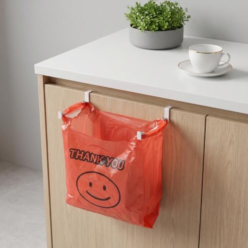 Large Trash Bag Holder for Kitchen Cabinets Doors, Under Sink Plastic Bag Hooks, Stainless Steel Garbage Bag Holder, Kitchen Trash Waste Cans (White) - Image 2