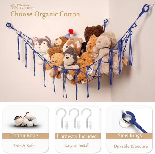 YKBU Stuffed Animals Hammock Corner Hanging Net Macrame Stuffed Animal Storage Plush Toy Holder Toy Organizer for Boho Nursery Playroom Bedroom Kids Room (blue, m) - Image 4
