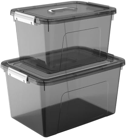 Plastic Storage Bins with Lids, 2 Pack Mixed Sizes (7 Qt, 16 Qt) Clear Black with Lid Stackable Organizer Boxes with Latches for Closet, Pantry, Bathroom, Office by JUJIAJIA