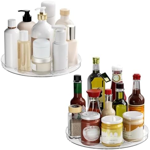 2 Pack Lazy Susan Organizer Turntable, Clear 9 Inch Rotating Organizer Tray for Cabinet Table Top, Round Non-Skid Refrigerator Lazy Susan, Kitchen Storage for Pantry Countertop Bathroom, Spice Rack by Lulltou