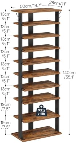 HOOBRO 10 Tiers Vertical Shoe Rack, Wooden Shoe Storage Organizer with Hooks, Narrow Shoe Tower for 20 Pairs, Space Saving, for Entryway, Living Room, Bedroom, Rustic Brown FG140XJ01 - Image 6