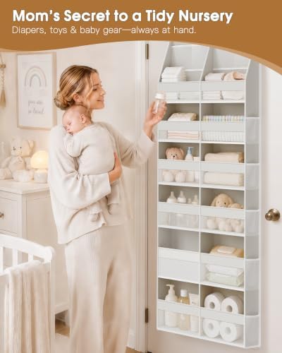 Criusia Over the Door Organizer, Extra Large 12 Compartments Closet Hanging Storage with 14 Mesh Pockets, 85lbs Capacity Behind the Door Storage for Baby Nursery, Bathroom, Bedroom, and Dorm, White - Image 4