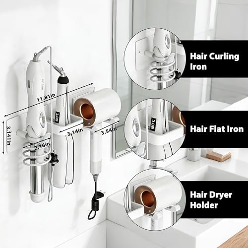 Hair Dryer Holder Hair Tool Organizer Metal Wall Mount (White) - Image 5