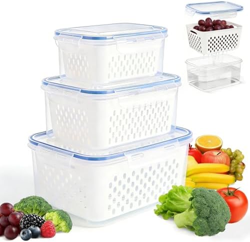 3PCS Fruit Storage Containers, Fruit Storage Containers With Lid And Colander, Household Transparent Plastic Food Storages Box-Including Drain Basket, Multipurpose Large For Fridge by Unknown