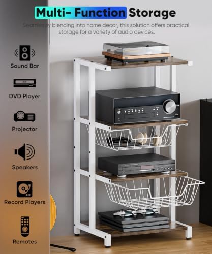 Media Stand with Two Detachable Baskets, 4-Tier AV Media Stand Corner Shelf for DVD Players/Cable Boxes/Games Consoles, Audio Storage Rack for Living Room, Gaming Room, Music Studio, White - Image 5