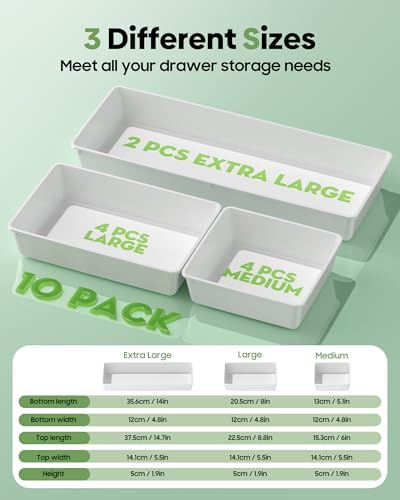 10 Pack Large Size Plastic Drawer Organizers Set, 3 Sizes Desk Drawer Organizer Trays, Storage Bins for Vanity, Makeup, Bathroom, Kitchen Utensils and Office (White) - Image 2