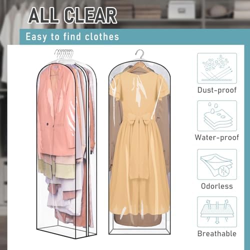 MISSLO 10" Gusseted All Clear Garment Bags for Hanging Clothes 60" Dress Bags for Gowns Long Fur Coat Closet Storage Covers, 3 Packs - Image 5