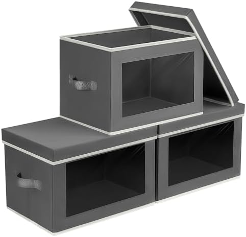 Homsorout Storage Bins with Lids - Fabric Storage Boxes with Window, Collapsible Closet Organizers with Handles, 3 Pack Decorative Bin, Home Cubes Baskets for Clothes, Hat, Books, Dark Grey by Homsorout