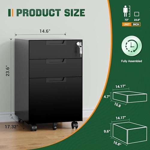 Letaya 3 Drawer Mobile File Cabinet with Lock,Under Desk Metal Small Filing Cabinets for Home Office Organizer Letters/Legal/A4(Fully Assembled Except Wheels-Black) - Image 3