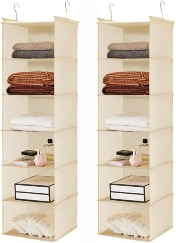 MAX Houser 2 Pack 6 Tier Foldable Hanging Closet Organizer, Beige by MAXHouser