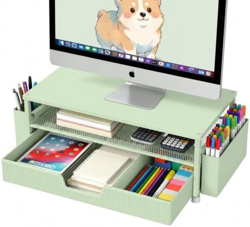 ECOLOVI Desk Organizer and Accessories, 2-Tier Computer Monitor Stand Rise with Storage Drawer & 2 Pen Holders, Laptop & Printer Stand for Desktop, Workspace Organizers for Office Supplies (Sage Green) by ECOLOVI