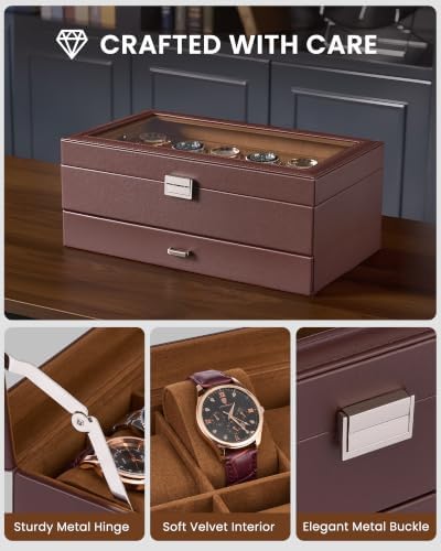 Lolalet Watch Case for Men, 12 Slot Mens Jewelry Box with Drawer Glass Lid - Image 2