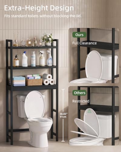 SMIBUY Bathroom Storage Shelf, Bamboo Over-The-Toilet Organizer Rack, Freestanding Toilet Space Saver with 3-Tier Adjustable Shelves (Black) - Image 5