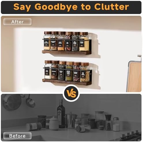 2-Tier Wall Mount Spice Rack Organizer - Screw/Adhesive Mount, Black Metal & Wood Spice Storage for Kitchen Pantry Cabinet, 11.6”L x 2.4”W x 3.2”H,Spice Jars Not Included - Image 4