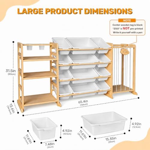 65" Large Toy Storage Organizer with Bins Shelves & Stuffed Animal Storage for Kids Wood Toddler Playroom Organization with Bookshelf Toys Box Wooden Organizers for Kids Room Nursery Bedroom - Image 2