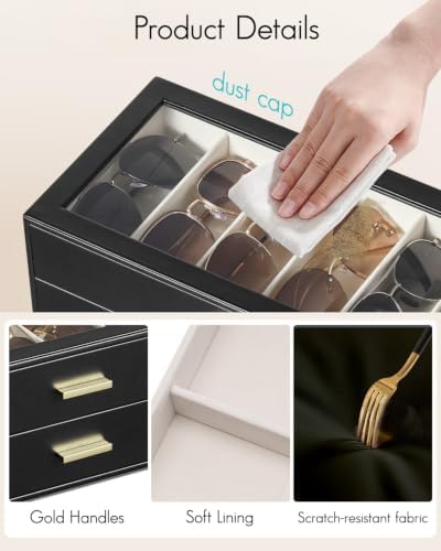 VLANDO 12-Slot Sunglasses Organizer Case with Clear Lid & 2 Drawers,Black - Image 2