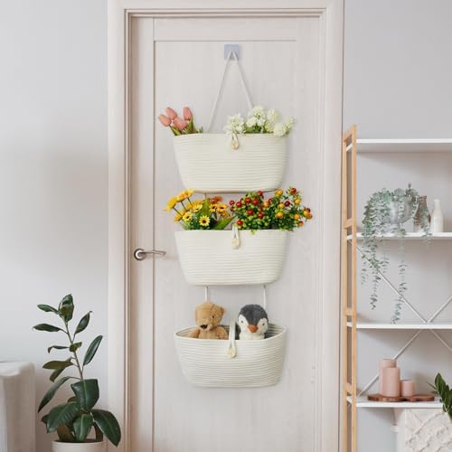 TeoKJ Over the Door Hanging Baskets with Wooden Button, 3-Tier Wall-Mounted Decorative Nursery Kitchen Baskets, White - Image 3