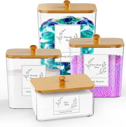 COAZEX 4 Pack Clear Laundry Pods Container & Dryer Sheet Holder,Bamboo Lids by COAZEX