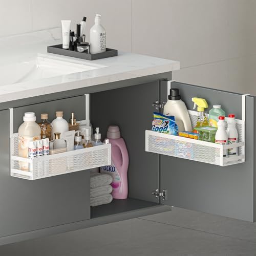 Hanging Bathroom Baskets Fine Mesh Wire Storage Basket Over Cabinet Door Organizer No Drilling Required for Kitchen Bathroom Office, 2 Larges, White by SHINEWON