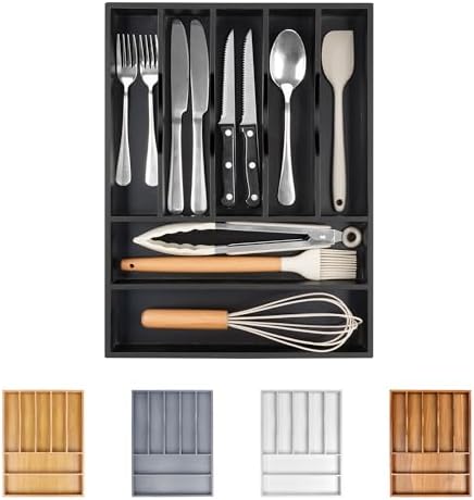 Bellsal Acacia Silverware Organizer Kitchen Drawer Organizer Expandable Bamboo Utensil Holder Cutlery Tray for Kitchen Utensil and Flatware Bedroom Office by Bellsal
