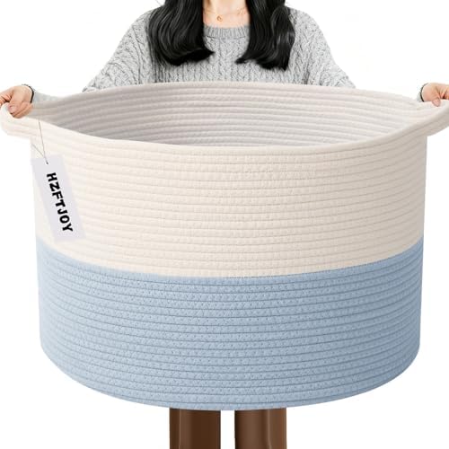 65L Extra Large Woven Blanket Basket, Laundry Basket-White&Blue by HZFTJOY