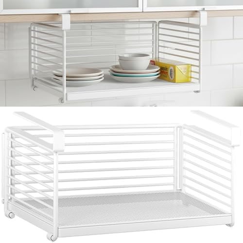 Under Cabinet Organizer, 12.2 Inch Slide Out Storage Basket, Metal Wire Hanging Rack for Kitchen Pantry, Closet, Office, Bathroom, Space Saving White Metal Shelf, White by DearyHome