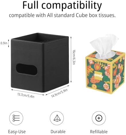 PUSU Square PU Leather Tissue Box Cover with Top Storage Tray Modern Decor - Image 3