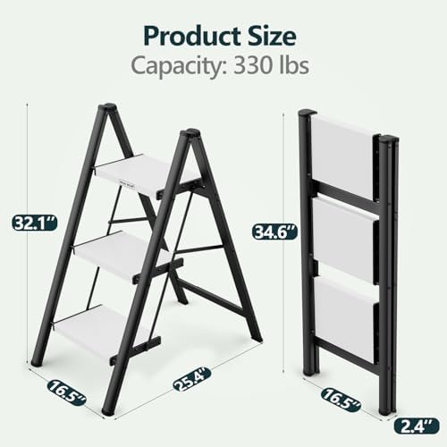WOA WOA 3 Step Ladder, Foldable Step Stool, 300lbs Load, Black & White - Image 5