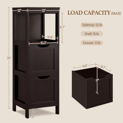 Yaheetech Small Bathroom Storage Cabinet with 2 Drawers & Shelf, Espresso - Image 3