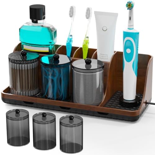 Bathrooms Toothbrush Holder Set with 3 PCS Qtip Holder (Brown Wood Grain) by PARKMANI