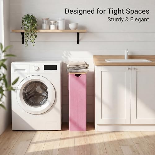 efluky Slim Laundry Hamper with Lid and Removable Bag, 75L Pink - Image 3