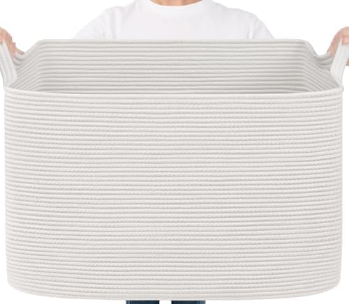 Goodpick 105L Extra Large Woven Rope Blanket Basket, Rectangle, White by Goodpick