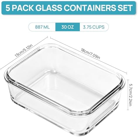 Vtopmart 5Pack 30oz Glass Meal Prep Container Sets with Lids, Grey - Image 2