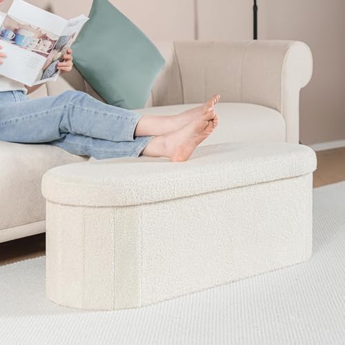 B FSOBEIIALEO 43.3" Sherpa Ottoman with Storage for Living Room,Cream White - Image 6