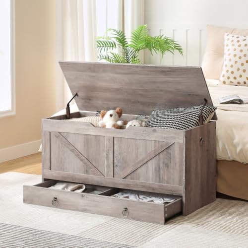 HOOBRO Storage Chest, 39.3" Toy Chest with Drawer, Wooden Storage Bench, Sturdy Entryway Bench Supports 330 lb, Safety Hinge, U-Shaped Opening, Easy Assembly, Greige BG710CW01G2 - Image 6