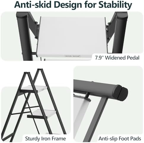 WOA WOA 3 Step Ladder, Foldable Step Stool, 300lbs Load, Black & White - Image 6