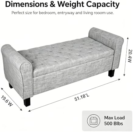 51 Inch Light Gray Linen Storage Ottoman Bench with Rolled Armrests - Image 2