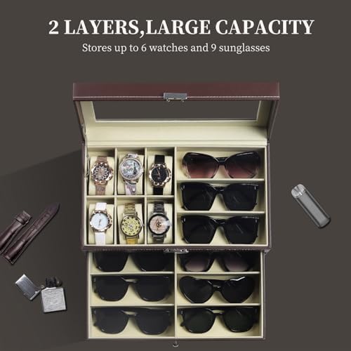 AUTOARK Leather 6 Watch Box & 9 Eyeglasses Storage Case,Brown,AW-130 - Image 4