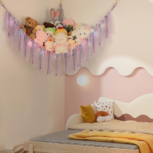 Stuffed Animal Hammock with LED Lights - 59 Inch Large Toy Storage Net for Kids Bedroom, Wall-Mounted Plush Organizer with Wooden Rings, Nursery Decor (Handwoven, Purple) - Image 5