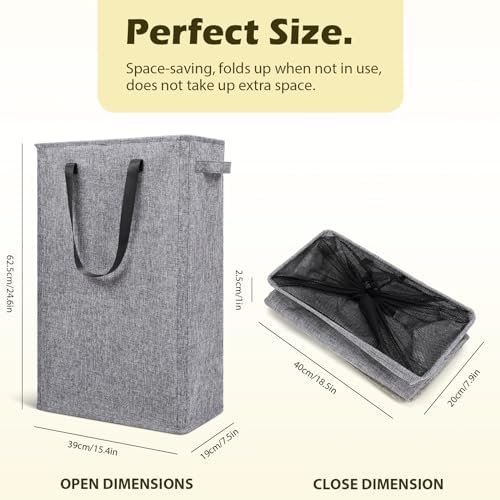 Odonata Slim Laundry Hamper Handles Collapsible Laundry Basket Thin Dirty Clothes Basket Narrow Laundry Bag Foldable Dirty Hamper 45L (Heather Grey) - Image 2