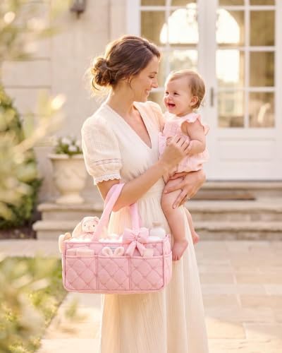 Blissful Diary Baby Diaper Caddy Organizer, Nursery Basket, Bow Light Pink - Image 7
