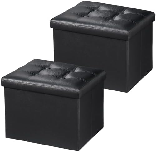 Bsketa Storage Ottoman Bench, 17" Folding Leather Foot Rest,Black 2 Pack by Bsketa