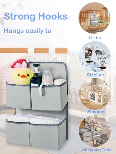 Hanging Diaper Organizer for Crib/Playard/Bassinet/Playpen – Hold 80+ Diapers - Changing Table Diaper Holder - Hanging Diaper Storage Stacker Nursery Caddy Organizer for Newborns (Silver-gray) - Image 4