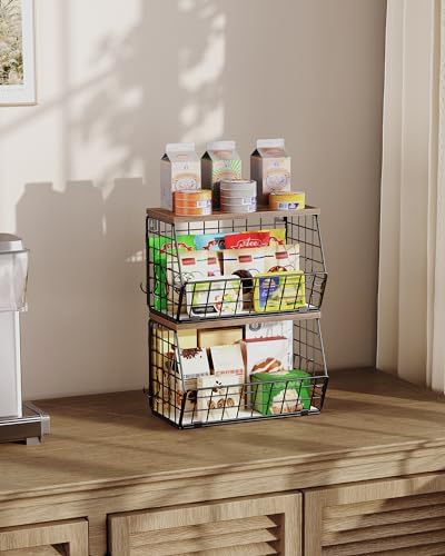 CHOEZON 2-Tier Fruit Basket for Kitchen, Stackable Hanging Basket Wire Baskets with Wooden Lid, Wall-Mounted Kitchen Counter Organizer for Fruit, Vegetable Storage, Rustic Brown and Black TCW02P2BF - Image 5