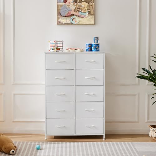 Sweetcrispy 10 Drawer Fabric Dresser Tall Chest Storage Organizer,White - Image 6
