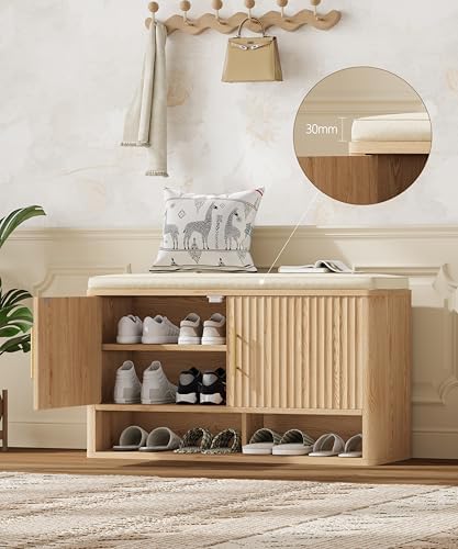 Fluted Shoe Storage Bench, Entryway Bench with Adjustable Shelves - Image 6