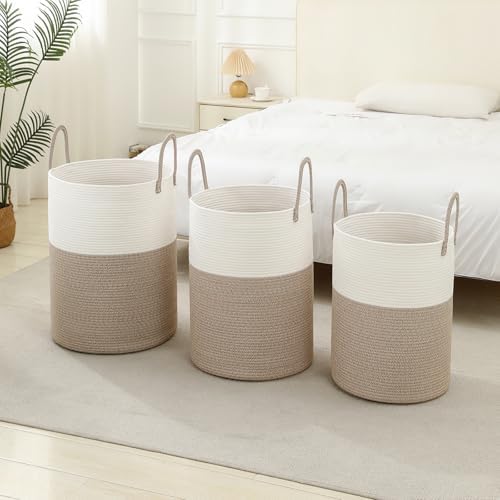 Laundry Basket Hamper Tall Rope Storage Woven for Blanket Toys Dirty Clothes in Living Room Bathroom Bedroom White & Brown 60L/15.8Gal - Image 6