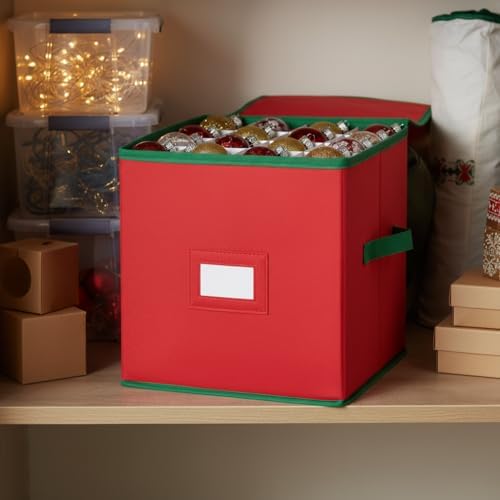 Christmas Ornament Organizer and Storage Box - Tear-Proof Non-Woven Container with 3-Inch Cube Compartments and Dual Zippers - Holds 64 Ornaments - Red - Image 4