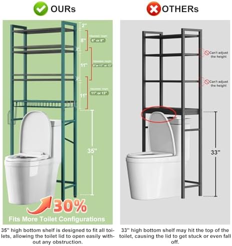 Kalrin Over-The-Toilet Storage Rack, 4-Tier Bathroom Organizer Shelf Over Toilet with Adjustable Shelf and Basket, Freestanding Space Saver Bathroom Shelves Above Toilet for Room (Green- Black) - Image 2